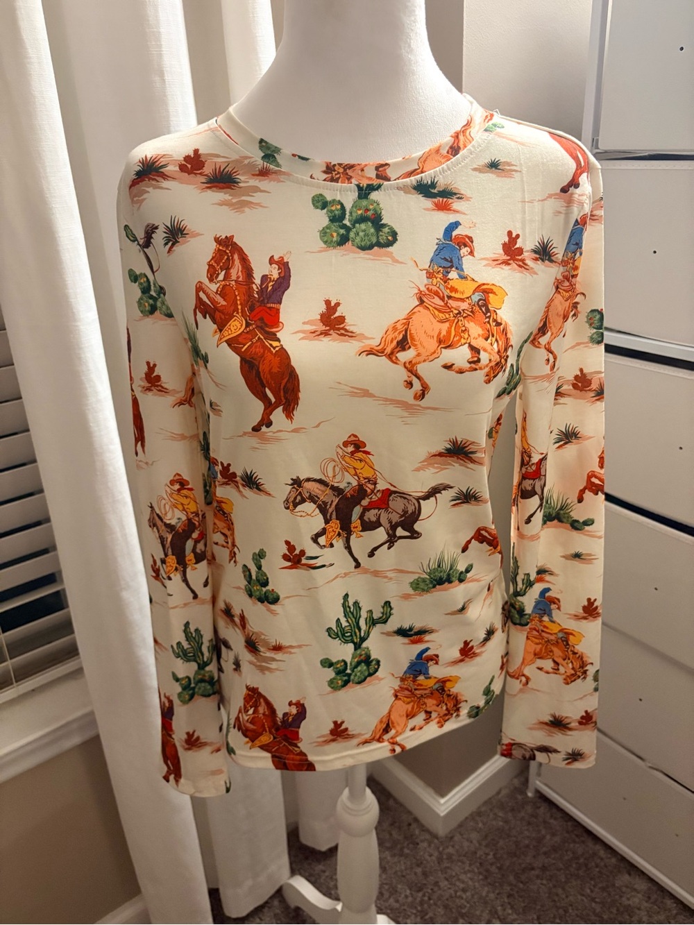 SHEIN Cream Long-Sleeve Western Print Tee with Orange & Green Motifs